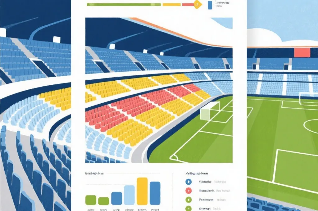 世界杯球场座位分区示意的视觉海报风插画，清晰分层