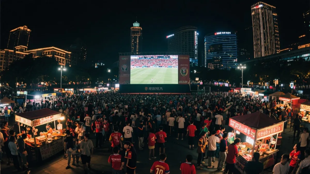 球迷在城市公共广场观看大屏幕赛事与夜间消费场景