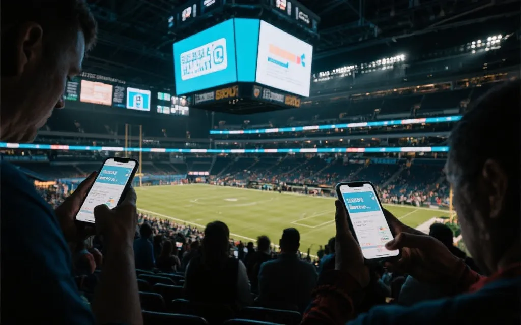球场内部大屏与观众使用手机导航和无现金支付的智慧场馆场景