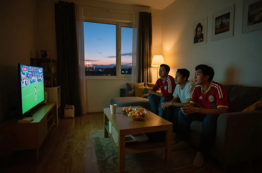 亚洲球迷深夜守候世界杯开幕战的温暖室内场景